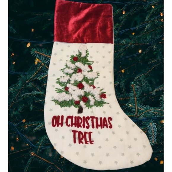 Merry Bright Embroidered Christmas Tree Stocking Velour Holiday Glitter Star NEW - Picture 1 of 5